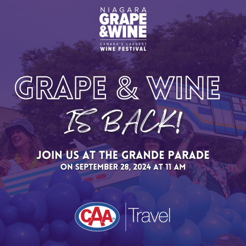 Photos faded in the Background of the 2023 Grape & Wine Parade - Text in Foreground with Date & Time of 2024 Parade