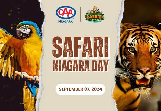 Image of a Macaw and a Tiger with CAA Niagara and Safari Niagara Logos and Date